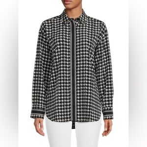Karl Lagerfeld Paris Houndstooth Black White Button Up Blouse Size Small Womens